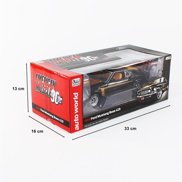 1/18 1969 Ford Mustang Boss 429 Fastback Raven Black w/Altın Diecast Araba, AutoWorld AMM1251 - Görsel 5