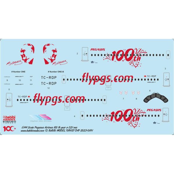 1/144 Pegasus Hava Yolları Airbus A-321 neo 100.yıl özel boyama Decal Çıkartma, Babibi DAT01191 - Görsel 2
