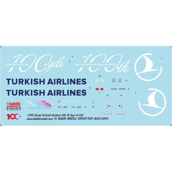 Babibi DAT01195 1/144 Türk Hava Yolları Airbus A-321-231 100.yıl özel boyama Decal Çıkartma