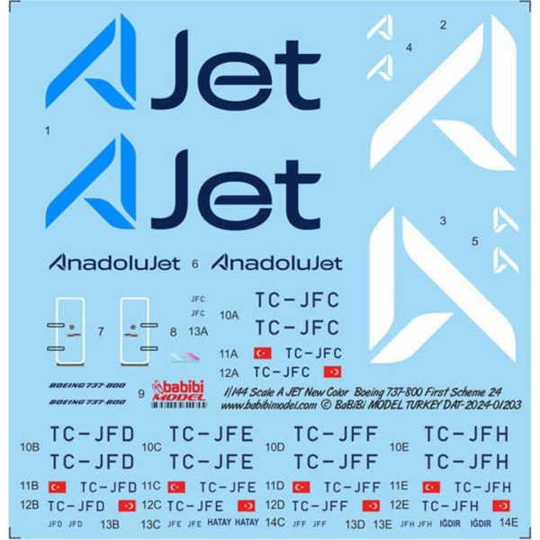 Babibi DAT01203 1/144 A Jet Boeing 737-800 Filo Şema-1 Decal Çıkartma