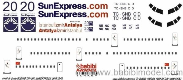 1/144 Sun Express Boeing 757-200 Dekal Çıkartma, Babibi DAT01087