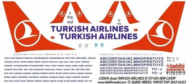 1/200 Thy Boeing 737-800 Yeni Şema Dekal Çıkartma, Babibi DAT01123