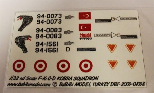 1/32 Turaf F-16 C/D 191.Kobra Filo Dekal Çıkartma, Babibi DBT01098