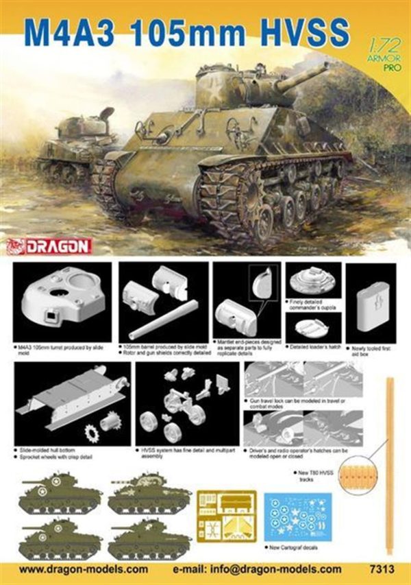 1/72 Sherman M4A3 105mm HVSS Tankı Maketi, Dragon 7313 - Görsel 2