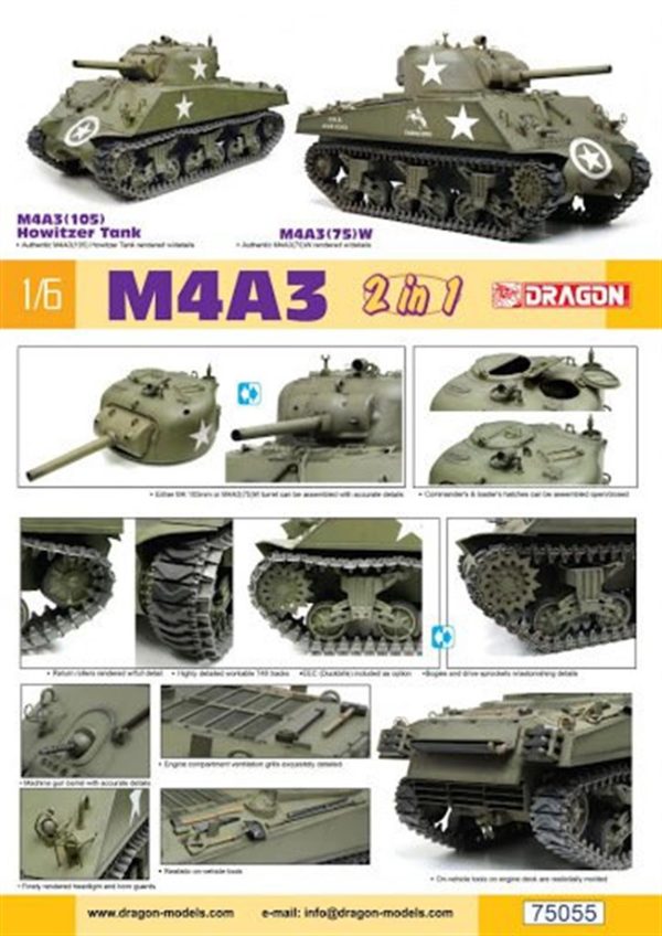 X 1/6 M4A3 105mm Howitzer (with.50-cal machine gun) Tankı Maketi, Dragon 75055 - Görsel 3