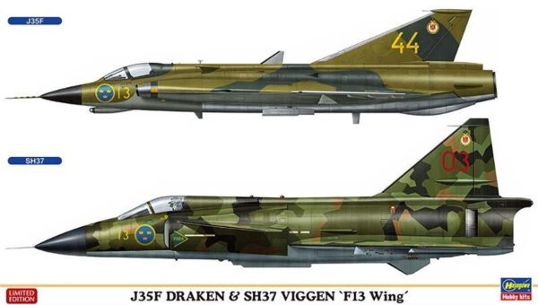 1/72 J35F Draken ve SH37 Viggen F13 Wing (Two kits in the box) Savaş Uçağı Maketi, Hasegawa 02281