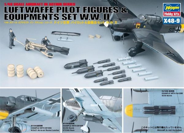 1/48 ÖlçekLuftwaffe Pilot Figürleri ve Ekipmanları WW II Maketi, Hasegawa X48-9 36009
