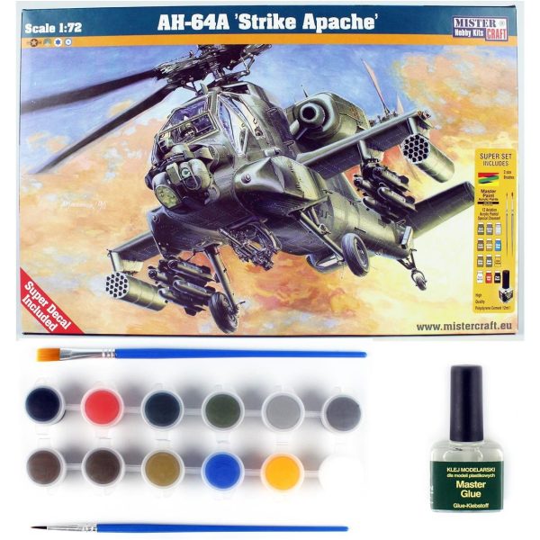 1/72 AH-64A Strike Apache Helikopter Maketi (12xBoya2xFırçaYapıştırıcılı Başlangıç Seti), Mister Craft D036ST