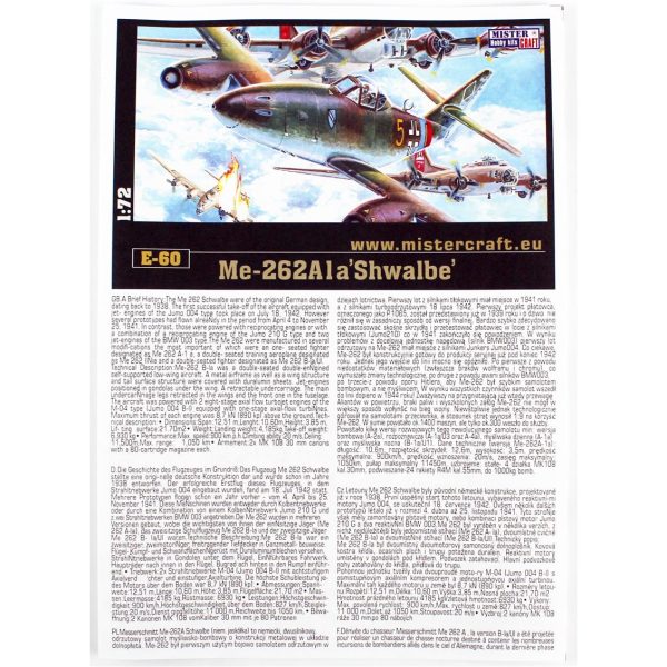 1/72 Me-262-1A (Schwalbe) Savaş Uçağı Maketi, Mister Craft E060 - Görsel 3