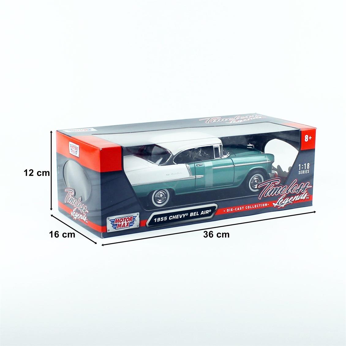 Motormax 73185 1/18 1955 Chevrolet Bel Air Hardtop Koyu Yeşil/Beyaz Diecast Araba - Görsel 5