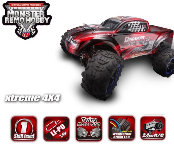 1/8 4WD Off Road Monster Truck Kırmızı Fırçalı Elektirikli RC Araba, Remo 8032 - Görsel 2