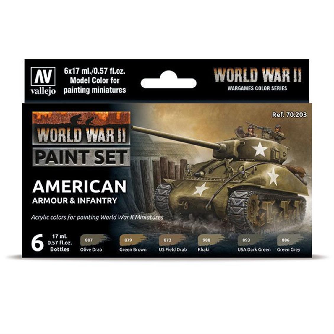 6x17 ml. American Armour & Infantry Model Color Serisi Maket Boyası Seti, Vallejo 70203