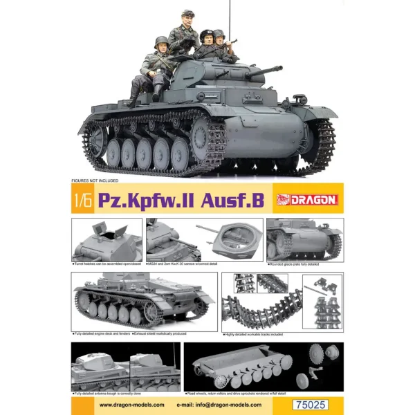 1/6 Pz.Kpfw.II Ausf.B hafif tank maketi, Dragon 75025 - Görsel 4