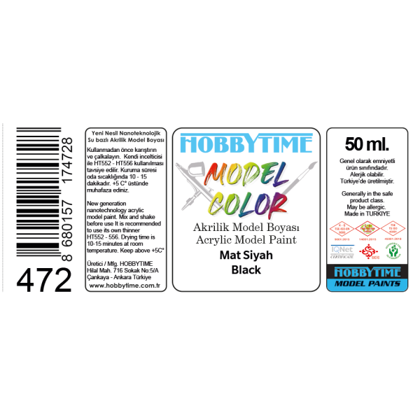 50 ml. Mat Siyah (Black) Akrilik Boya, Hobbytime 472 - Görsel 2