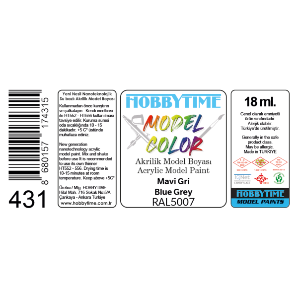 18 ml. RAL5007 Mavl Gri Akrilik Boya