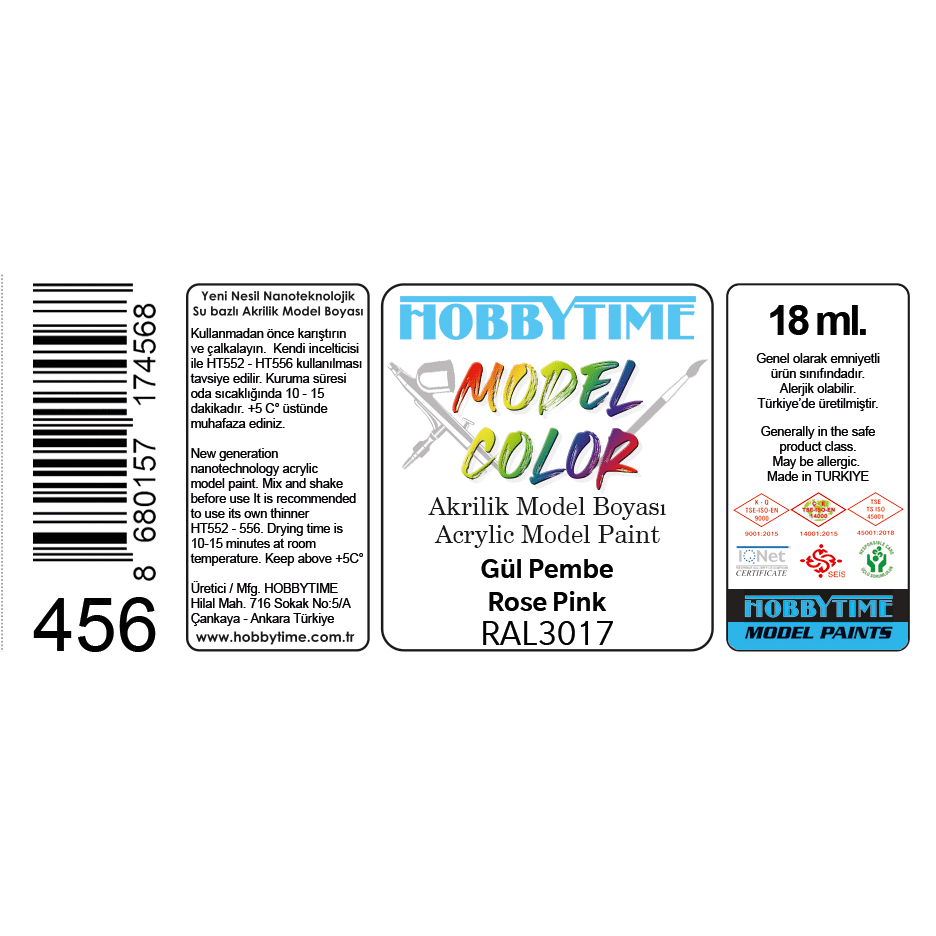 18 ml. RAL3017 Gül Pembe Rose Pink Akrilik Boya, Hobbytime 456 - Görsel 2